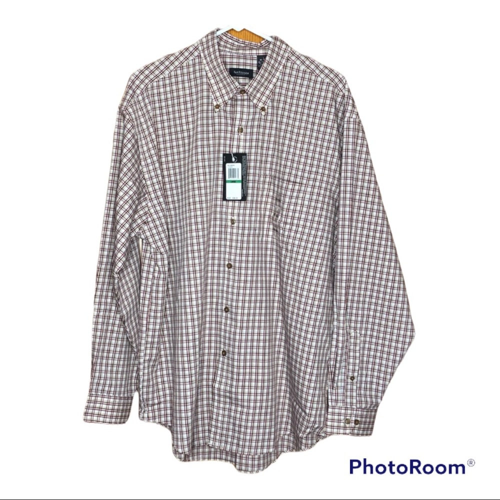 wrinkle free stain defender plaid button down shirt Large brown blue